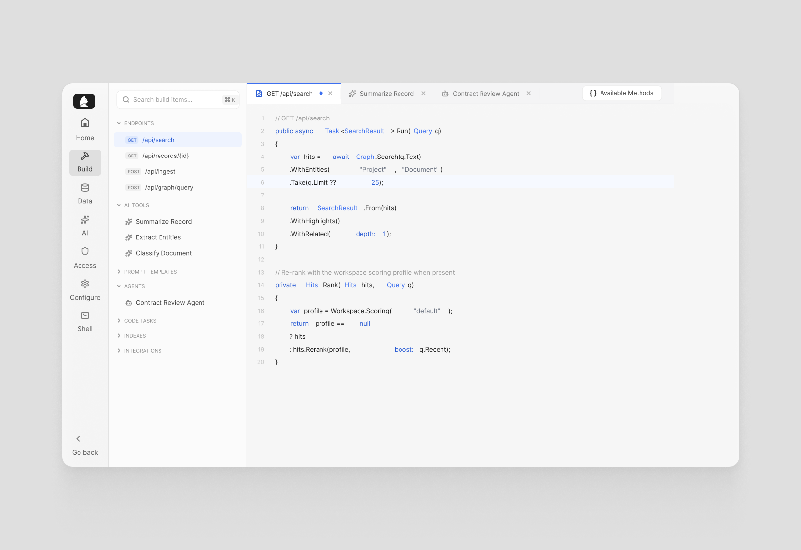 The Build section's new IDE: file tree, open tabs, and code editor.