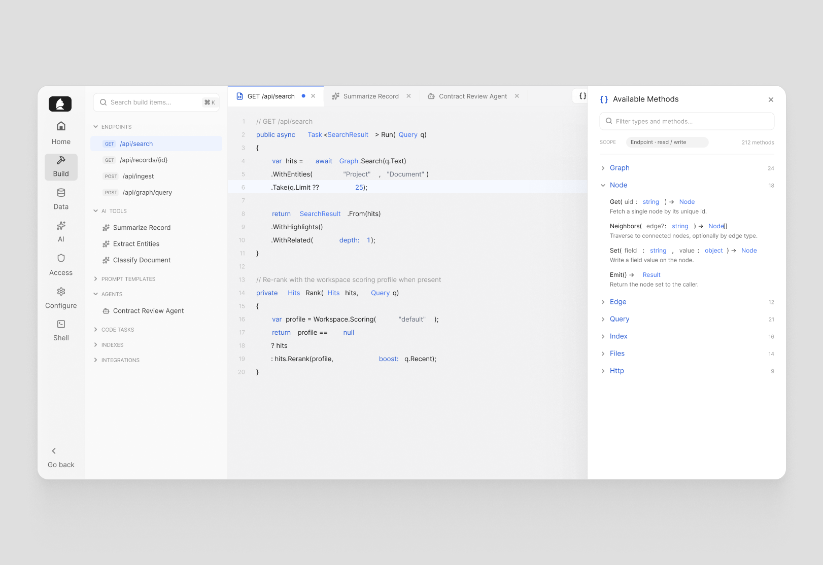 The Available Methods panel open beside the Build editor.