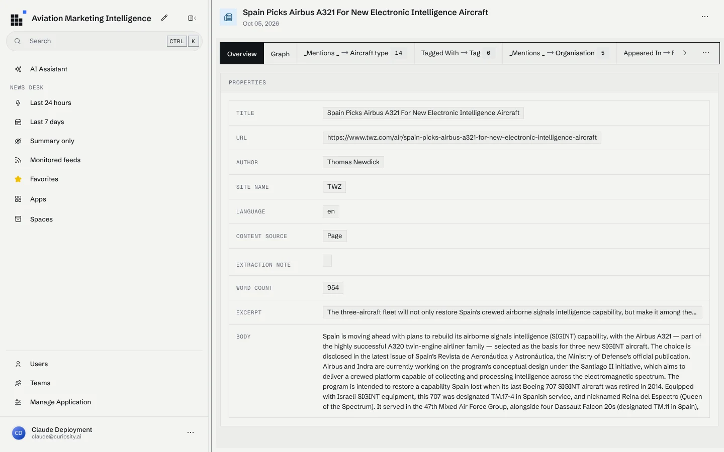 An article with the entities the workspace found in it: 14 aircraft types and 5 organisations, each a tab that opens the other articles that mention it.