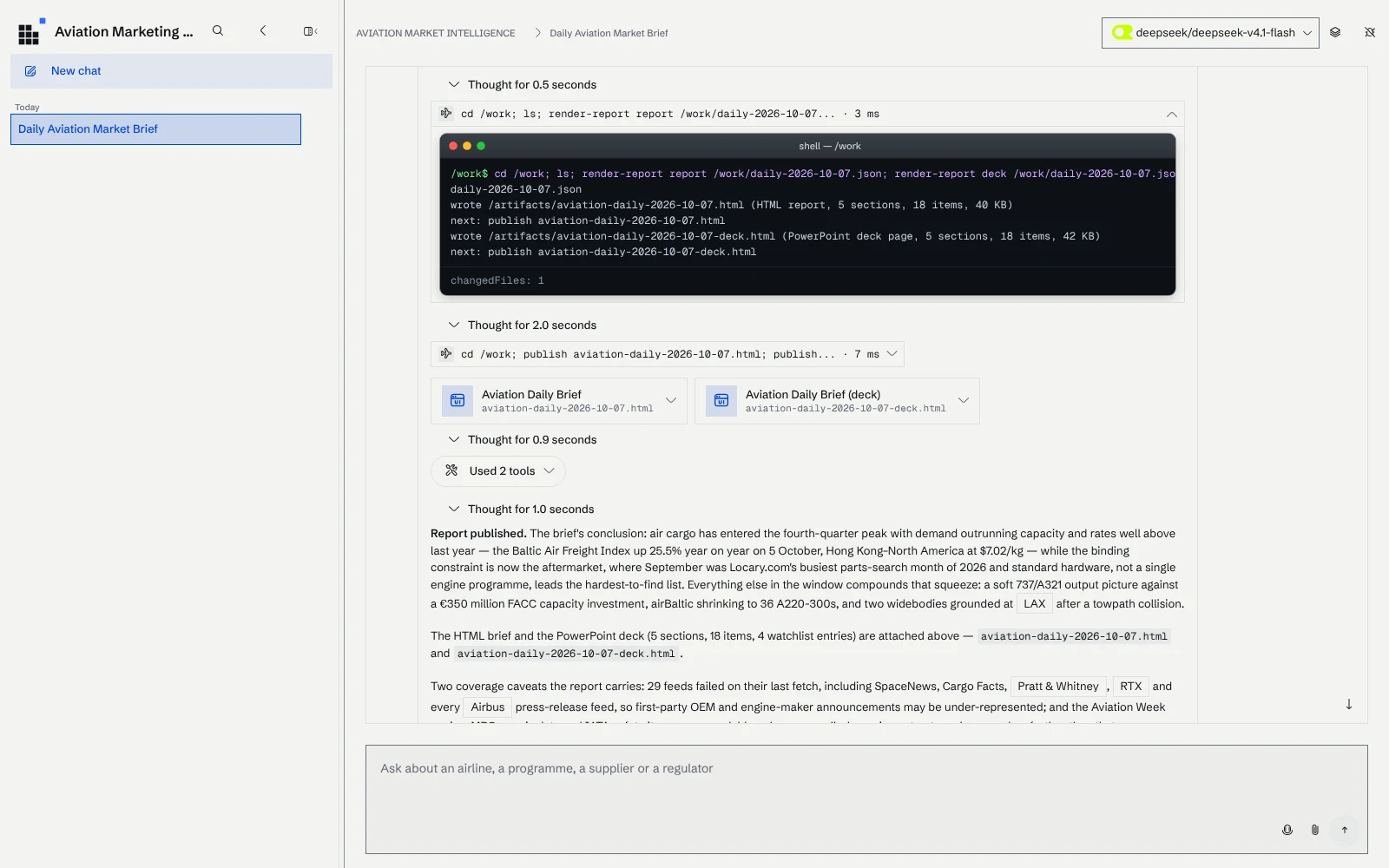 One step expanded: render-report validates the report JSON and writes the HTML page and the deck, 5 sections and 18 items, ready to publish.