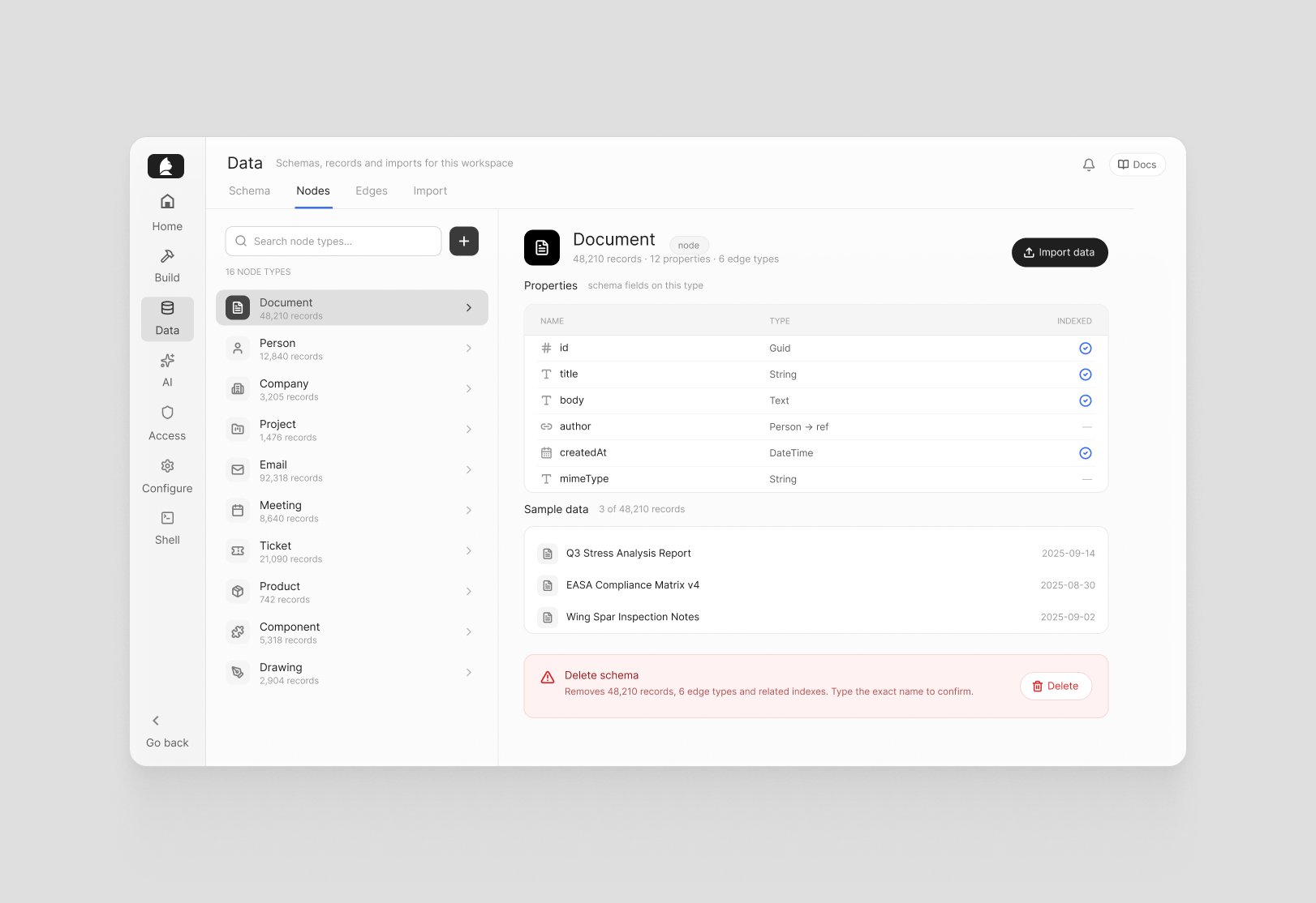 The Nodes tab with a type's properties, sample data, and record count.