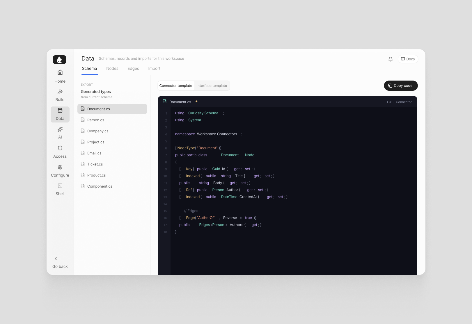 The schema exported as typed C# code, with a copy button.