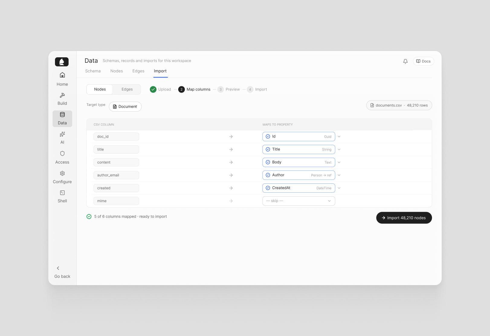 The CSV import flow mapping spreadsheet columns to node properties.