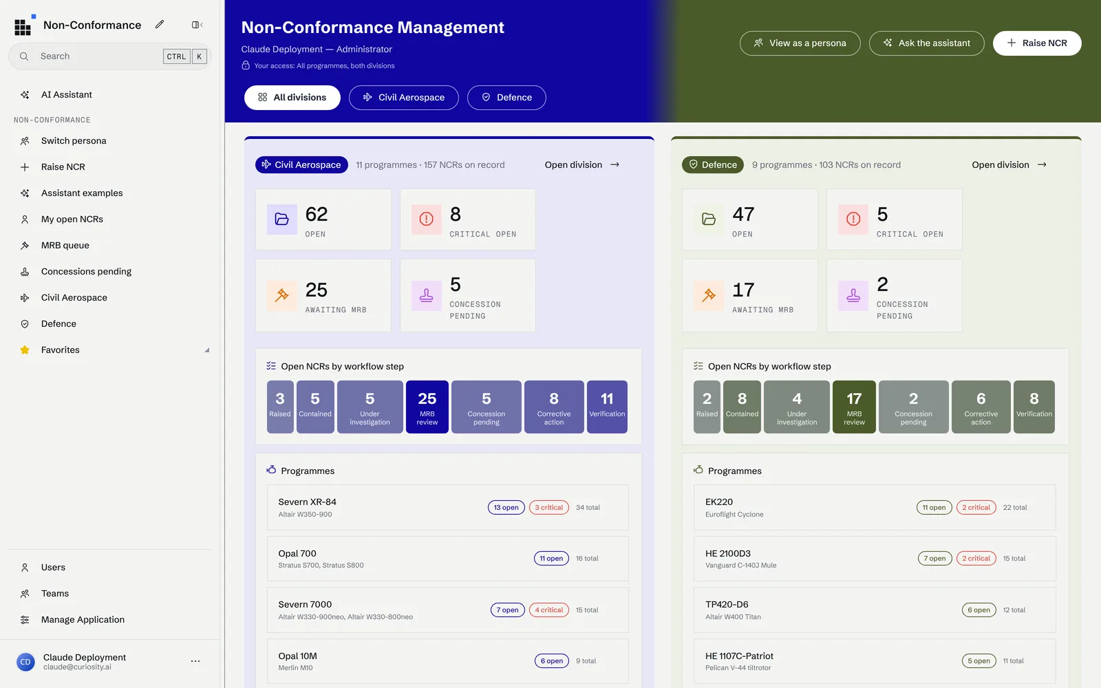 The home page as the Head of Quality: Civil Aerospace on the left and Defence on the right, each with its open, critical, MRB and concession counts, the open NCRs by workflow step and the programmes. Every number opens the list it counted.