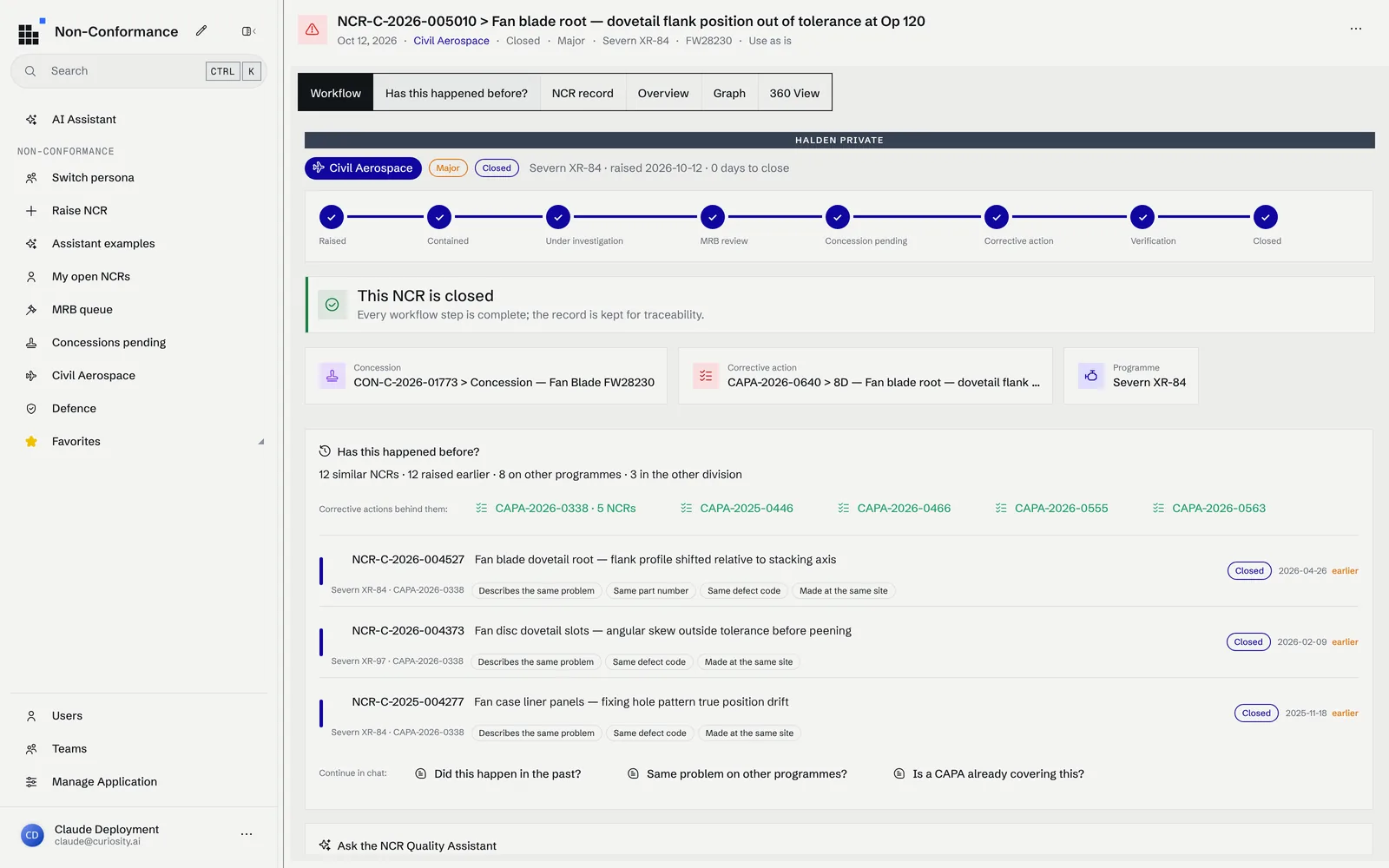The worked example from the first test run, closed: all eight steps done, the concession and the 8D corrective action it raised linked from the NCR.