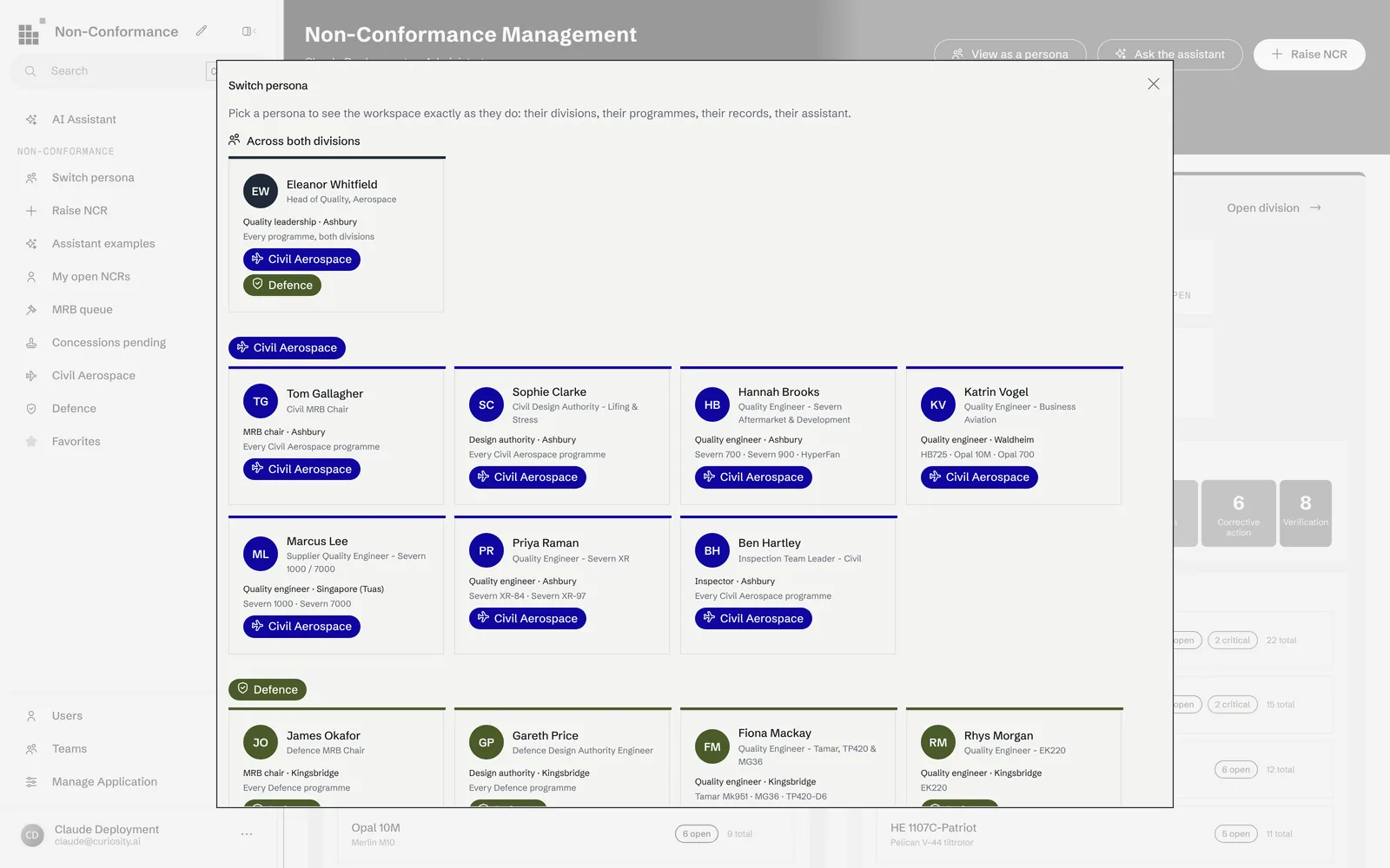 The persona switcher: the Head of Quality across both divisions, the civil and defence MRB chairs, design authorities and inspection leads, and quality engineers scoped to one or a few programmes.
