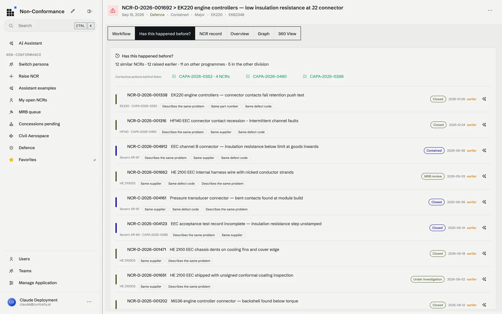 The "Has this happened before?" tab of the defence NCR: 12 similar NCRs, 11 on other programmes and 5 in the other division, each with its reasons and the CAPA behind it.