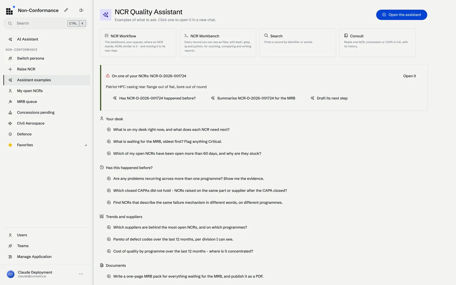 The assistant's examples page: the four tools, three questions on one of the user's own NCRs, and example questions grouped by desk, recurrence, trends and suppliers.
