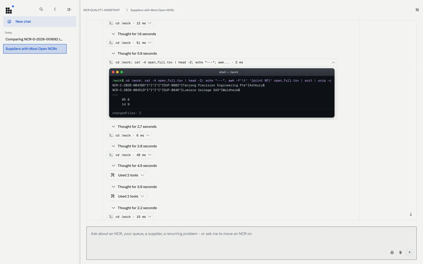 One of the sandbox calls opened: the shell command the assistant ran over its working file of open NCRs, and its output.