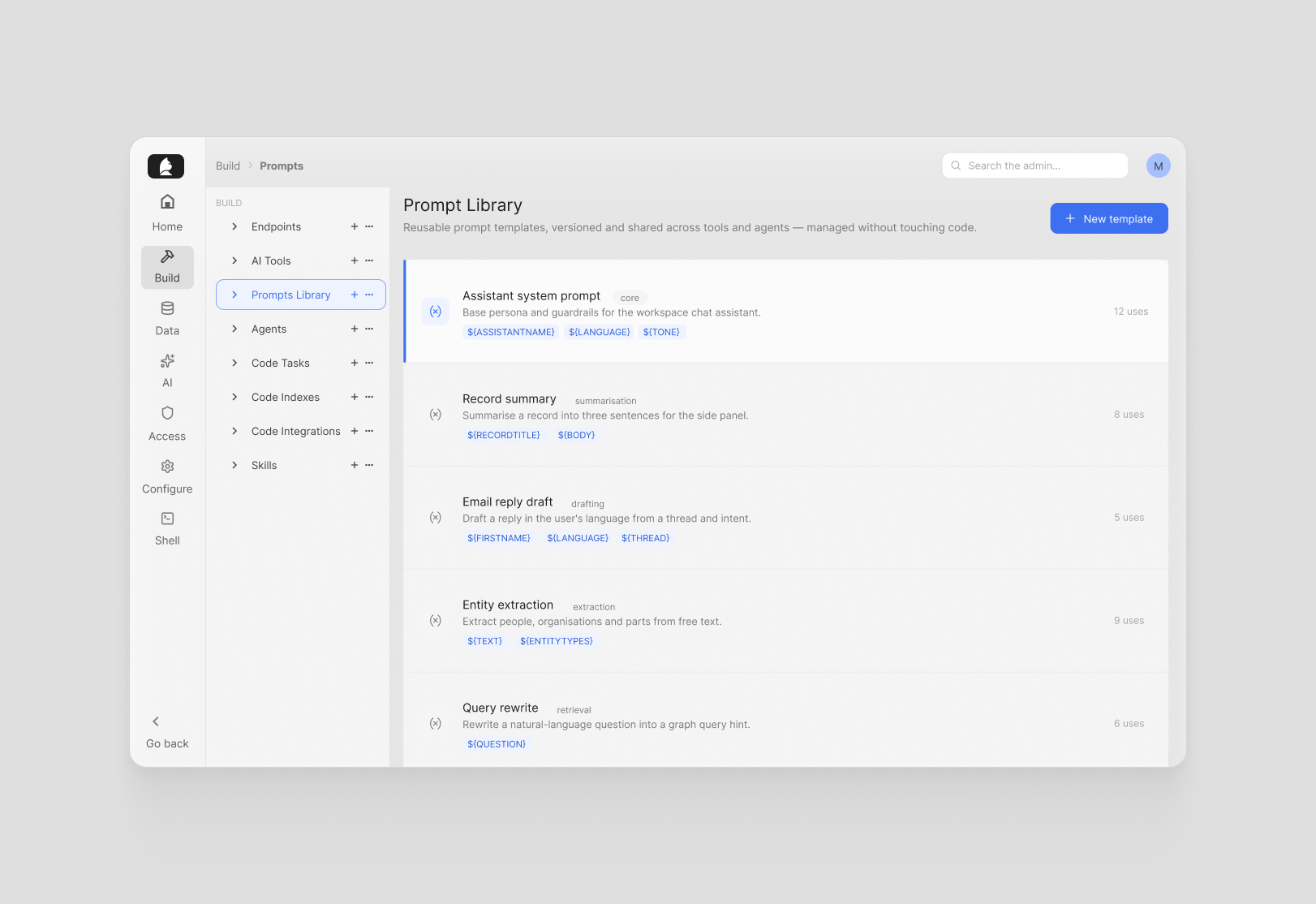 The Prompt Library listing reusable prompt templates with their variables.