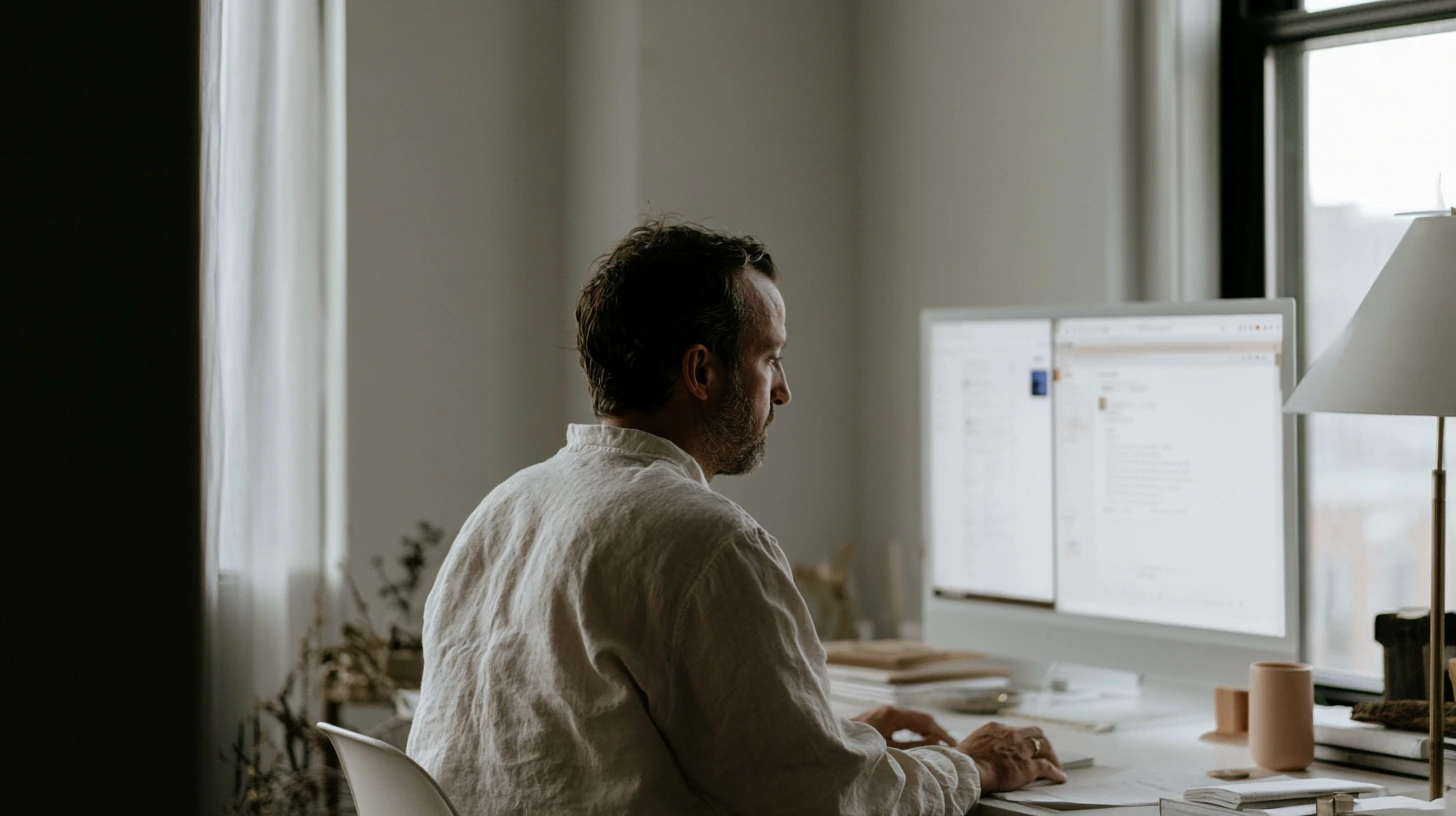 A developer working at a desktop computer in a calm, naturally lit room.