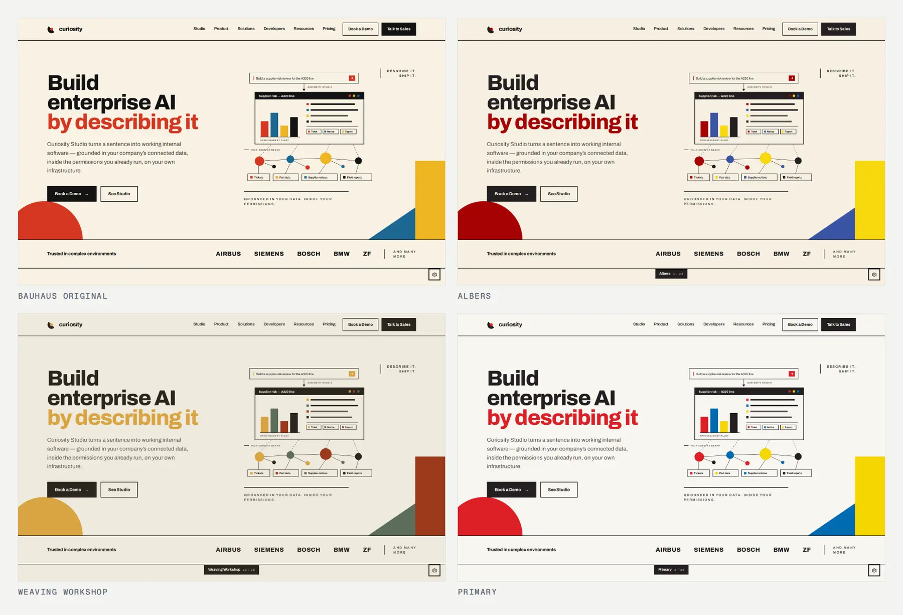 One page, four palettes, swapped with the arrow keys. A palette is seven choices; the text-safe variants of each color are derived in the browser until they clear the contrast floor.