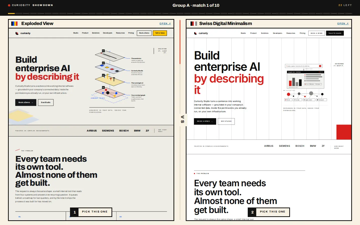 The showdown: two directions side by side as live sites, scrolled together, and you pick the one you would rather read.