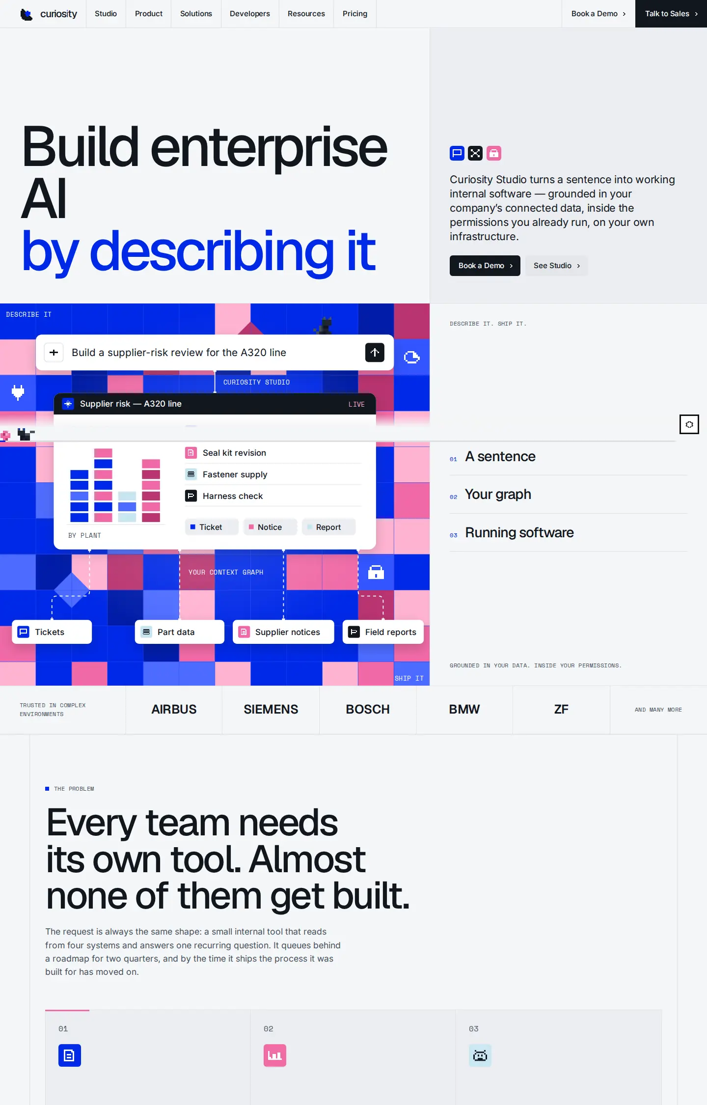 Yarn Mosaic, the direction that won: hairline cells, poster-sized headlines, color only as a field of square tiles, and Sudo walking the foot of the page.