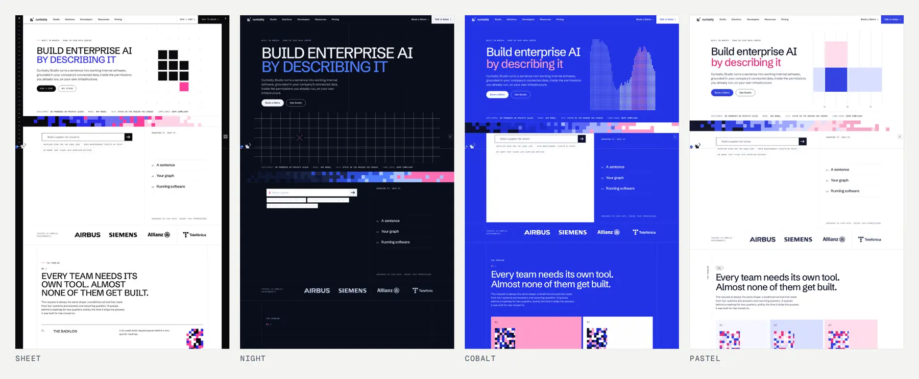 Four of the layout styles from inside the brand: Sheet, Night, Cobalt and Pastel. Same pages, same parts, different arrangement.