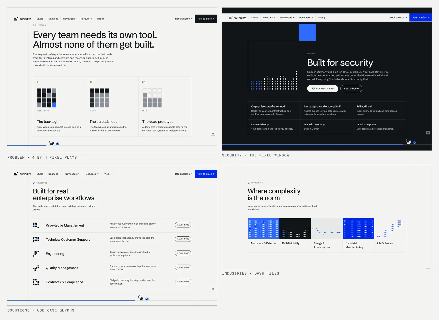 Four drawn elements from the landing page: the problem cases as 4 by 4 pixel plays, the security band's pixel window, the use case glyphs, and a dash tile per industry.