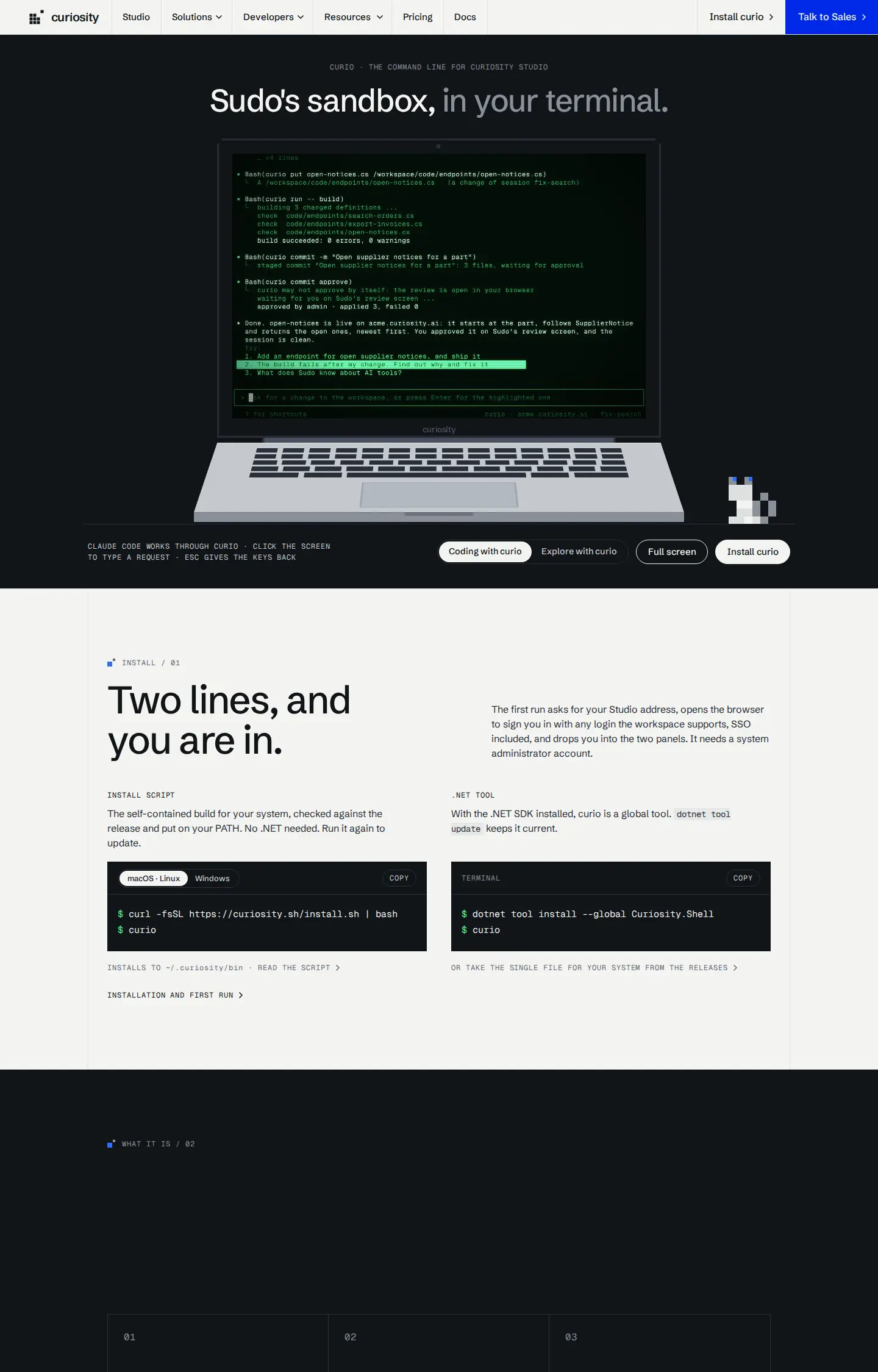curiosity.sh: the website's shell and stylesheets, and one page, with a simulated curio running on a laptop that Sudo sits beside.