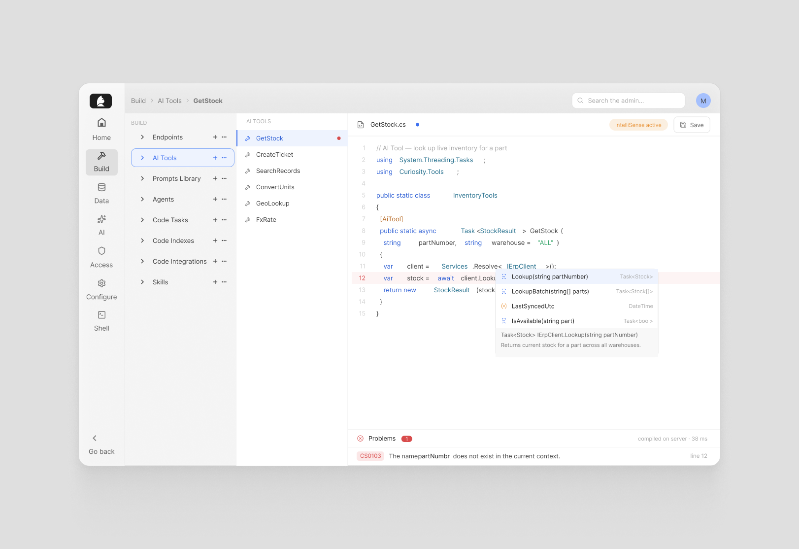 The AI Tools IDE editing a C# tool, with IntelliSense and a compile error.