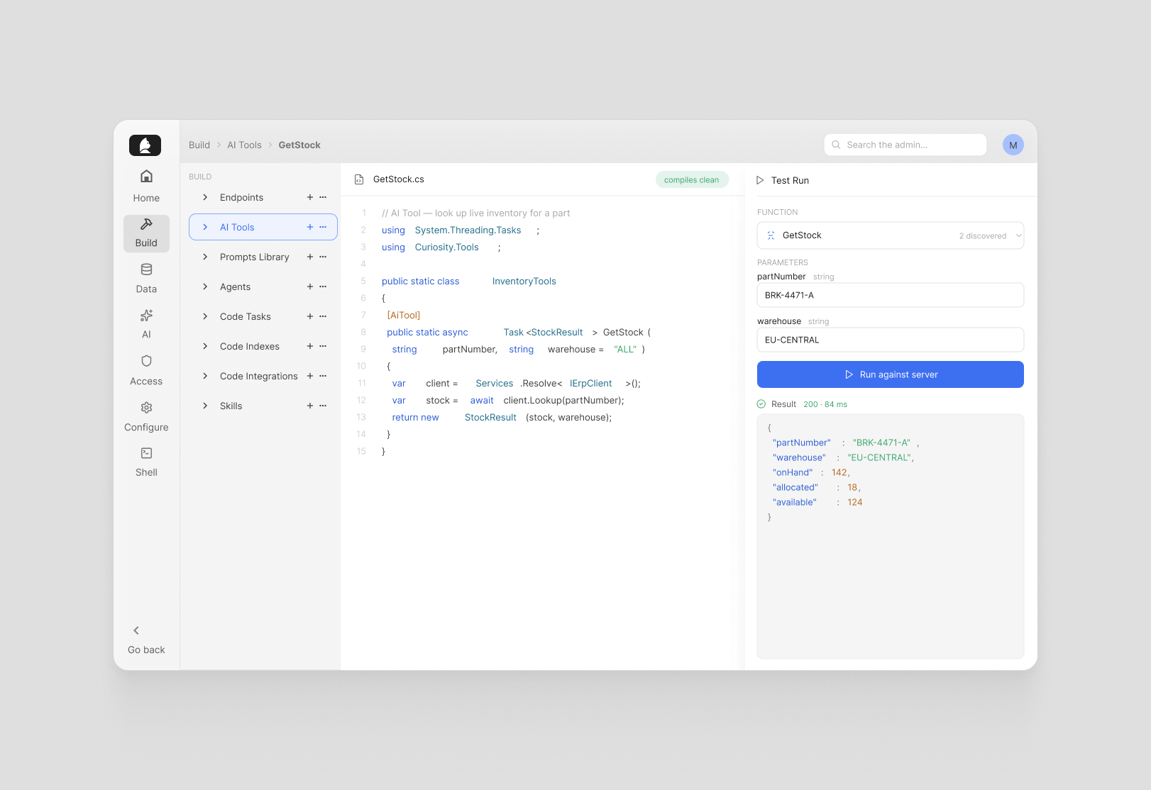 The AI Tools Test Run panel executing a tool and showing its JSON result.